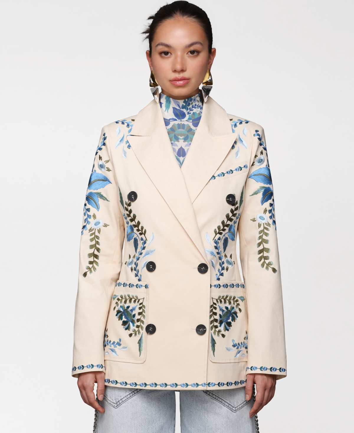 Women's Embroidered Double-Breasted Blazer - Cream