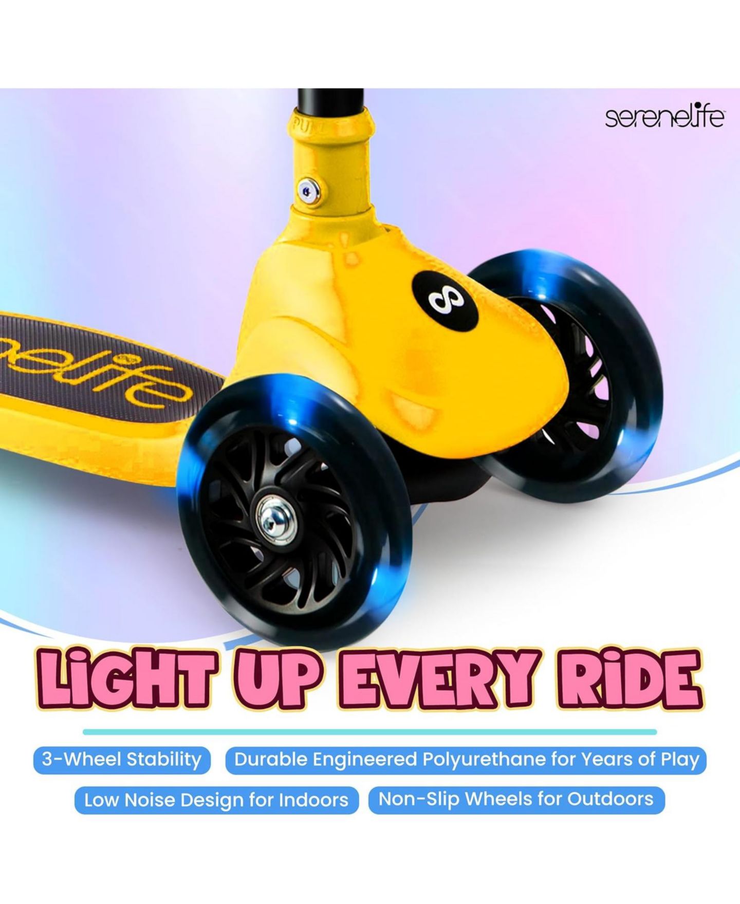 Детская игрушка SereneLife 3-Wheel Foldable Kids Scooter with Built-in LED Wheel Lights and Foldable Seat, 110 lb Weight Capacity, Ages 2+, цвет: Жёлтый — фото 4