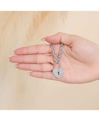 Silver-Tone Pave Crystal Heart Lock Necklace