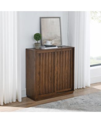 Mid Century Cabinet with 2 Sliding Door & Solid Wood Decorative Strips