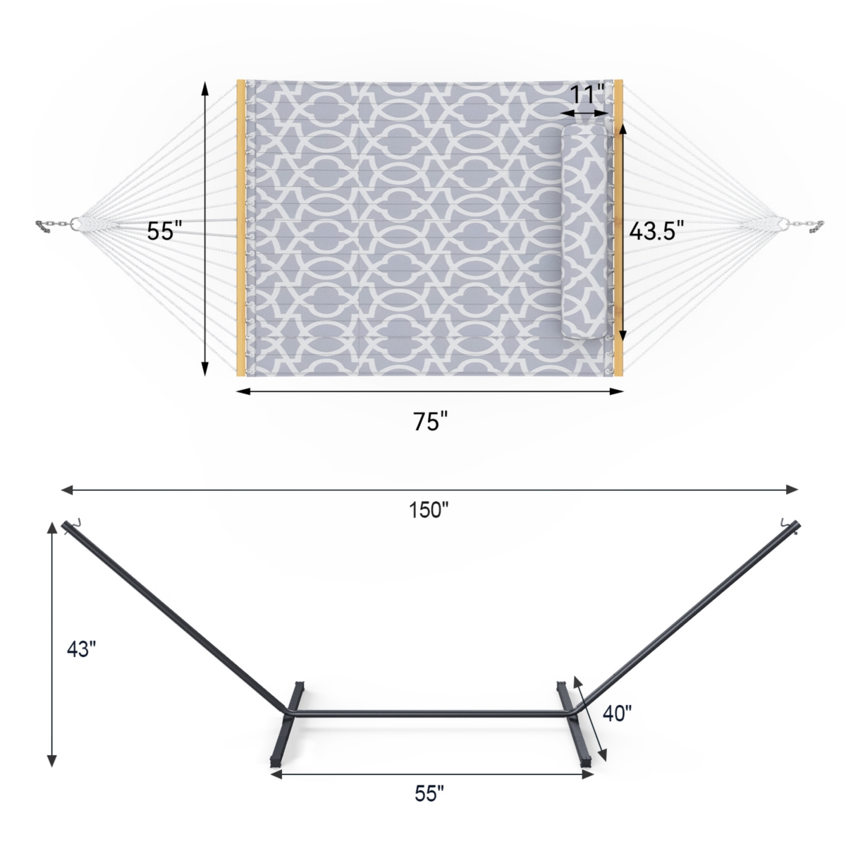 Double Hammock with Stand, 2 Person Cotton Rope Hammock with Removable Polyester Pad