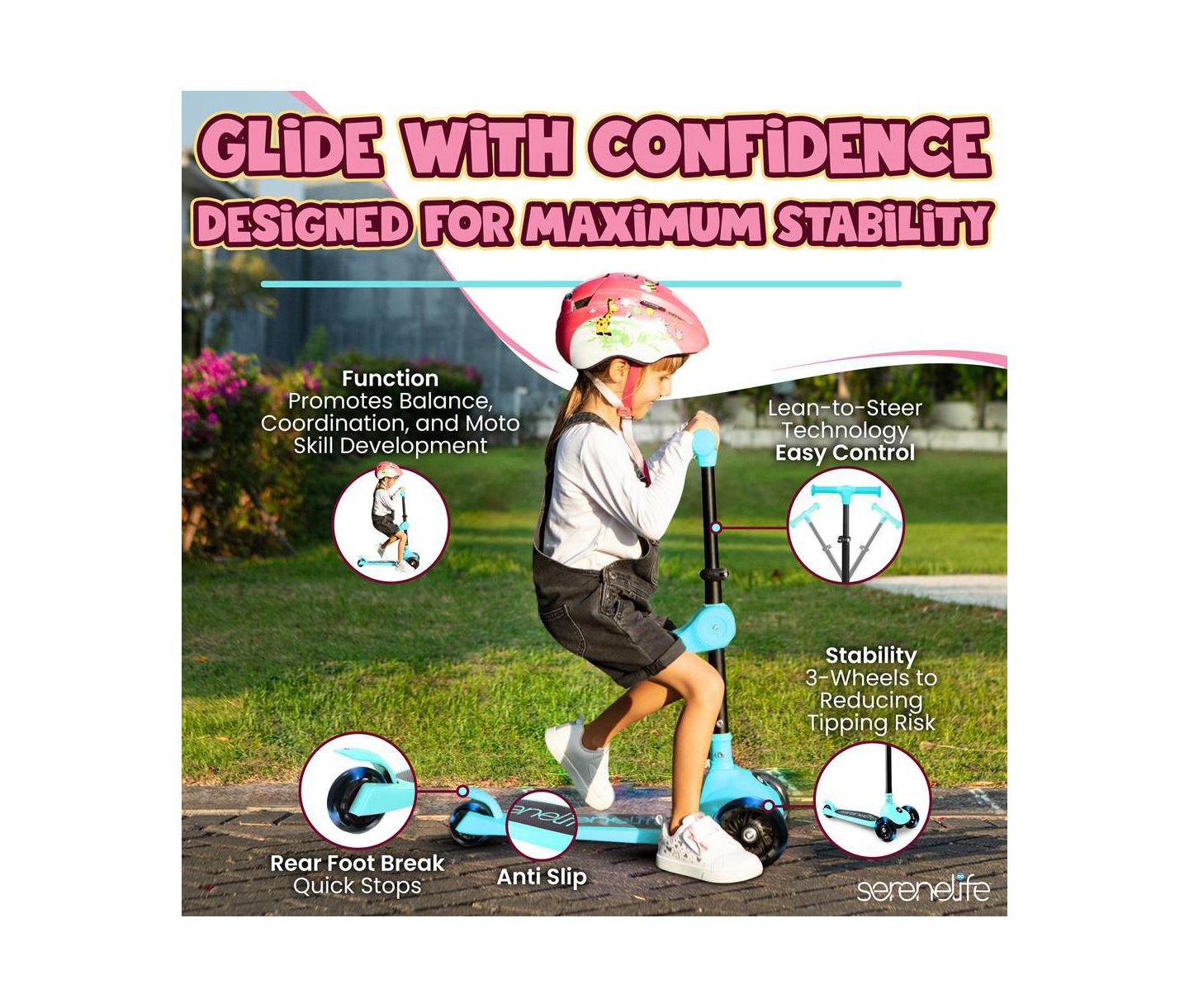 Детская игрушка SereneLife 3-Wheel Kids Scooter with LED Wheel Lights, Foldable, Ages 2+, цвет: Синий — фото 3