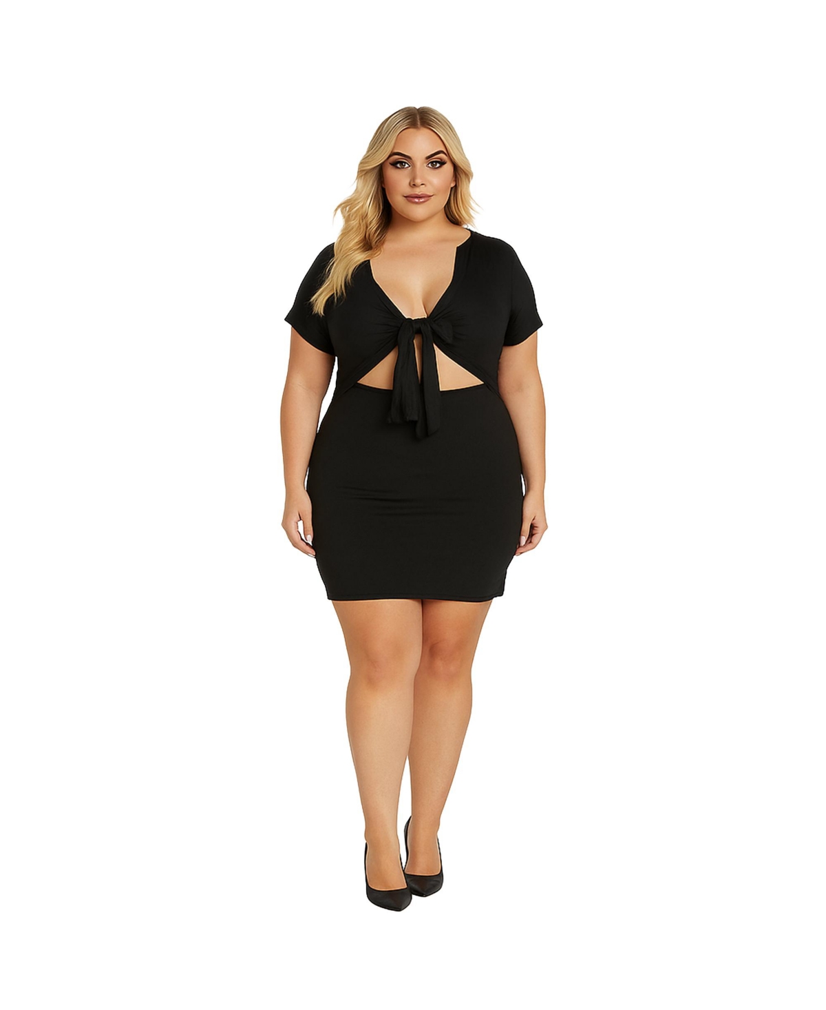 Plus Size Cutout Tie Front Short Sleeve Mini Dress - Black