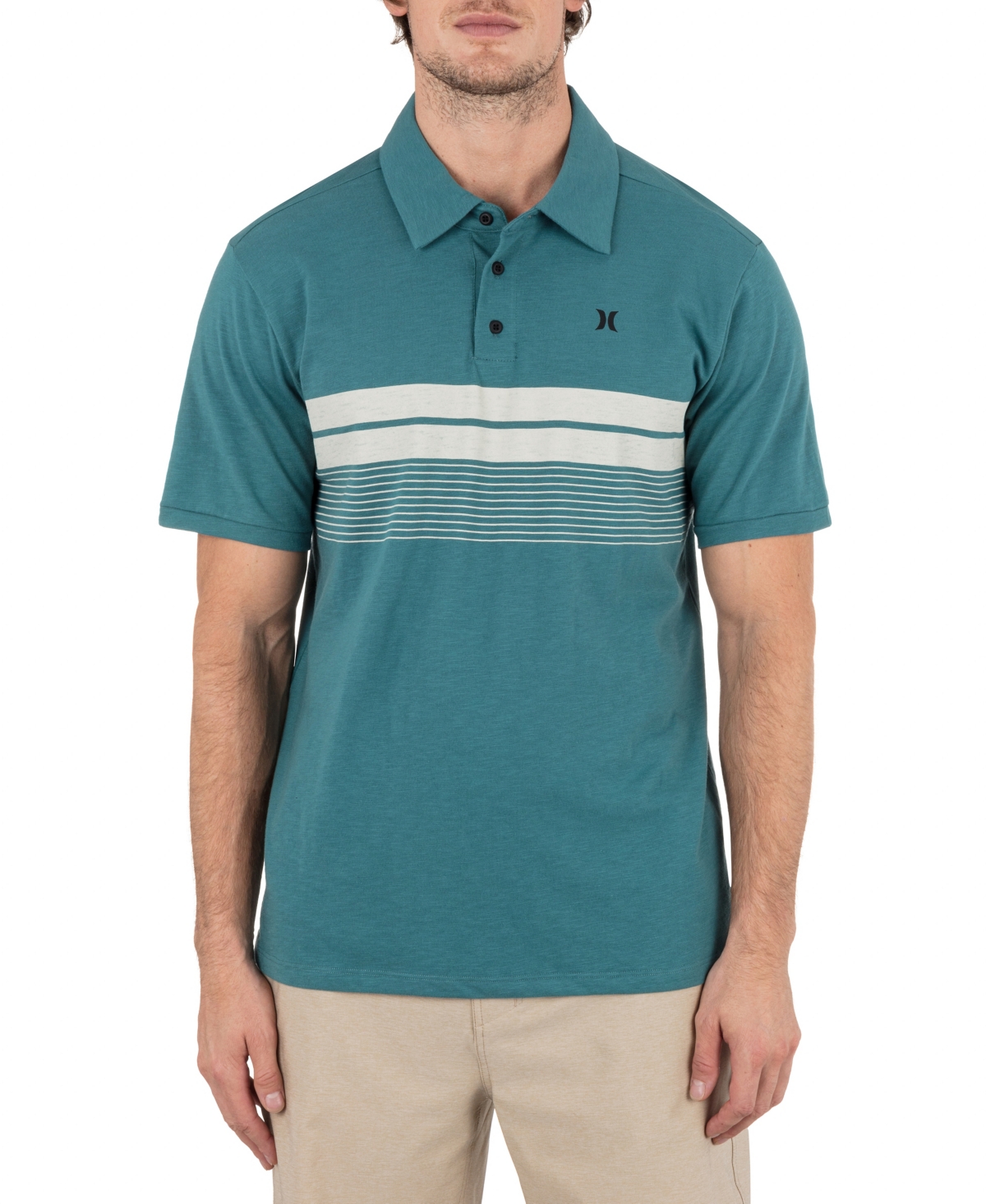 Men's Printed Stripe Slub Short Sleeve Polo Shirt - Deep emerald
