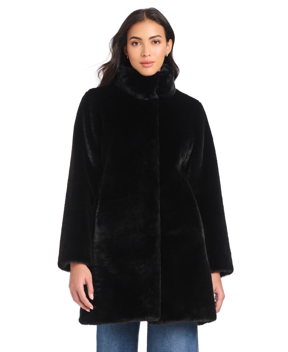 Jones New York Plus Size Stand-collar Faux-fur Coat In Black