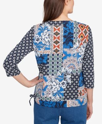 Women's Batik Patchwork Drawstring Crew Neck Top