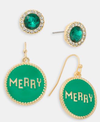 Gold-Tone 2-Pc. Set Green Merry Stud & Drop Earrings