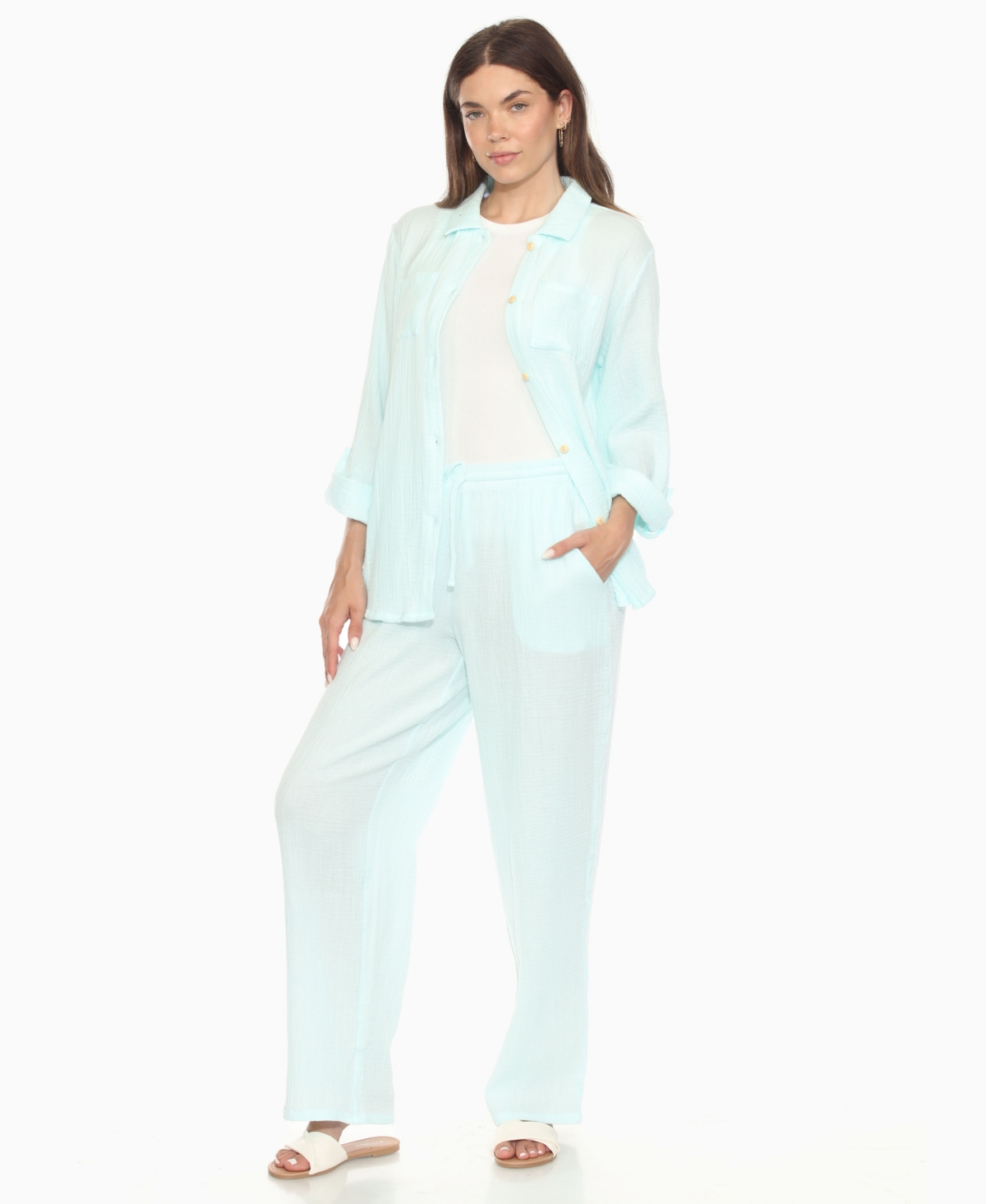 White Mark Women's Long Sleeve Button Down Cotton Gauze Set In Green