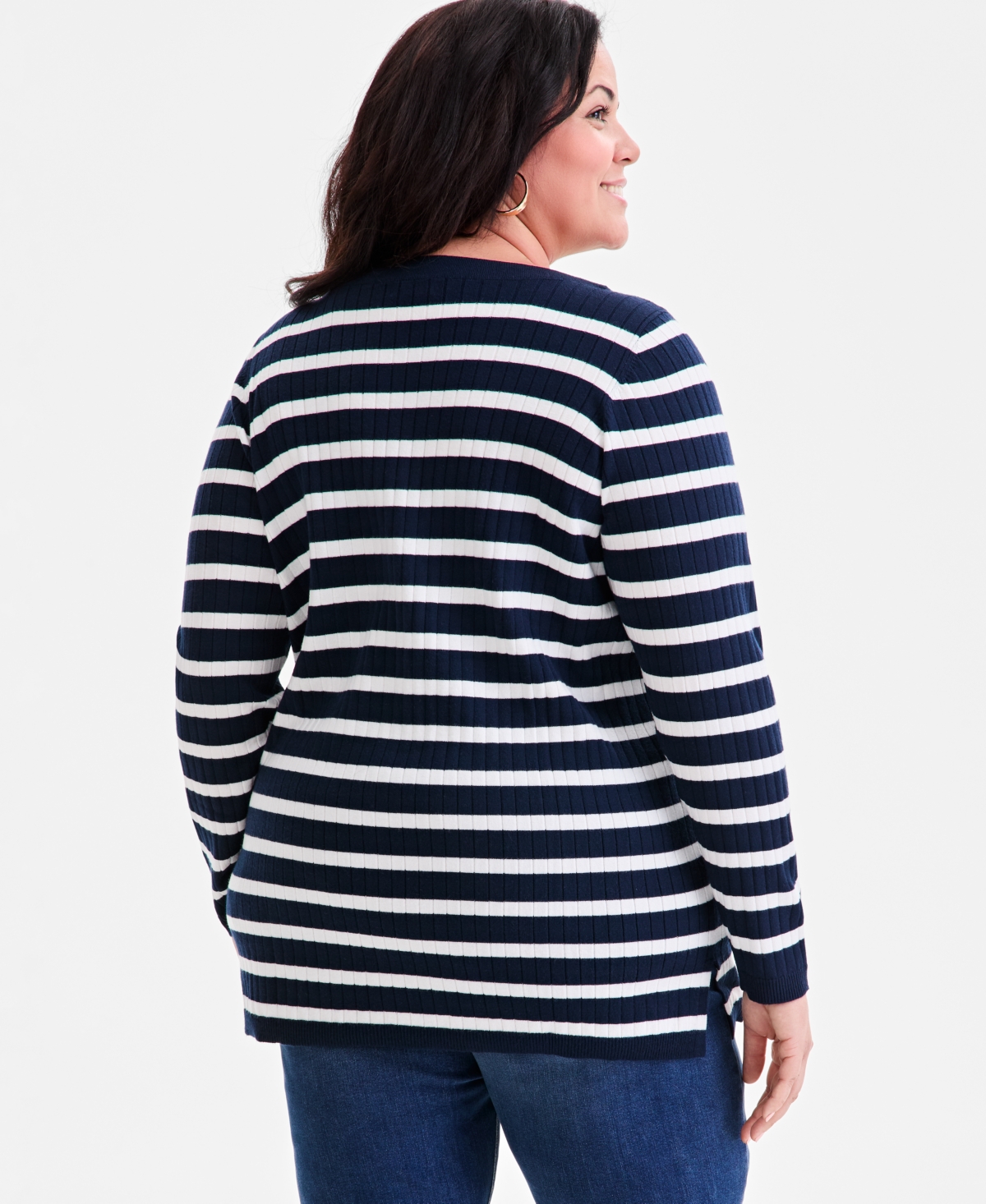 Style & Co Plus Size Legacy Strip Long-sleeve Sweater, Macy's Exclusive In Blue