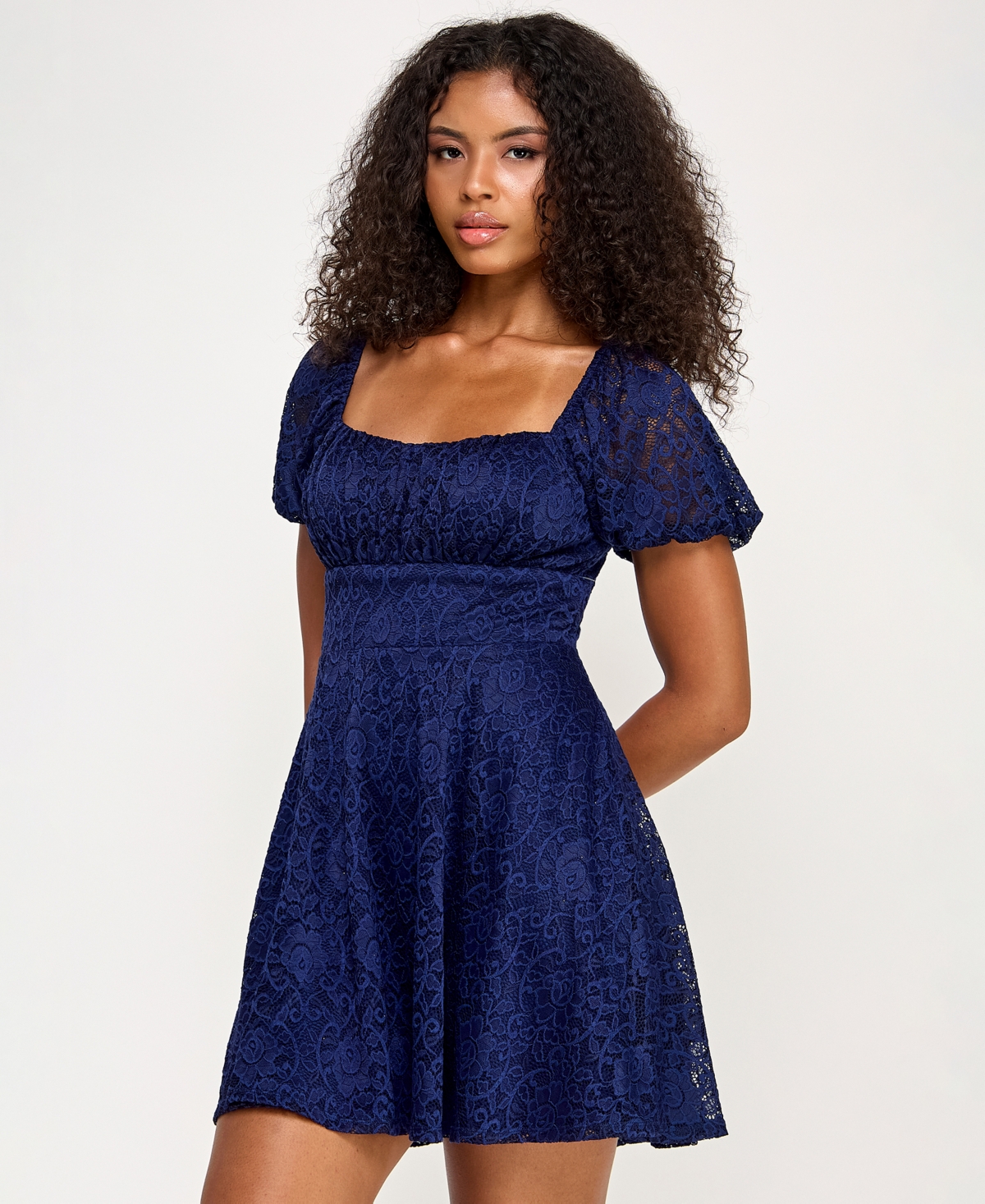 City Studios Juniors' Lace Fit & Flare Dress In Blue
