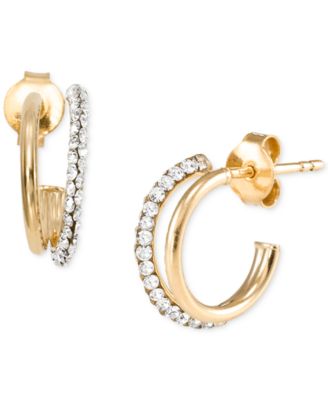 Crystal C-Shape Hoop Earrings in 10k Yellow Gold