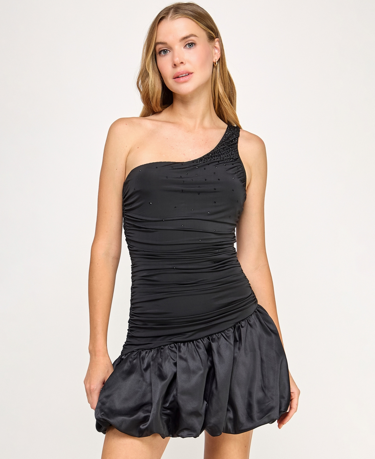 Juniors' One-Shoulder Satin Drop Waist Dress - Black