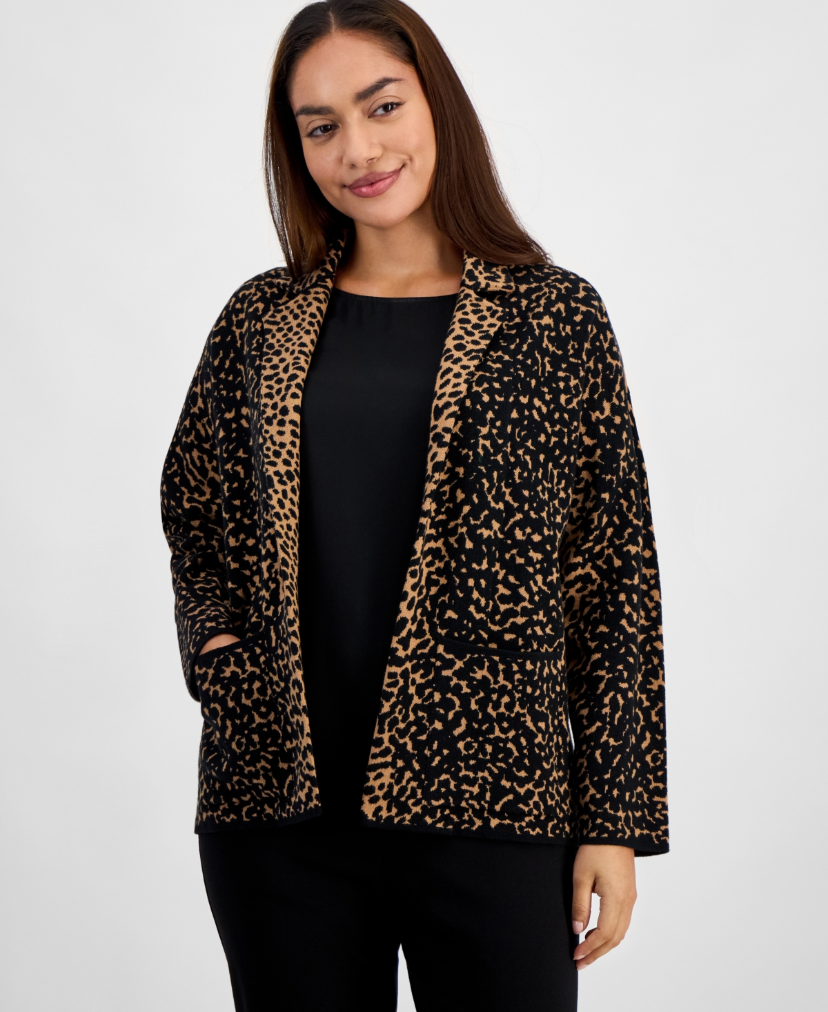 Ak Anne Klein Petite Animal-Print Notched Collar Blazer