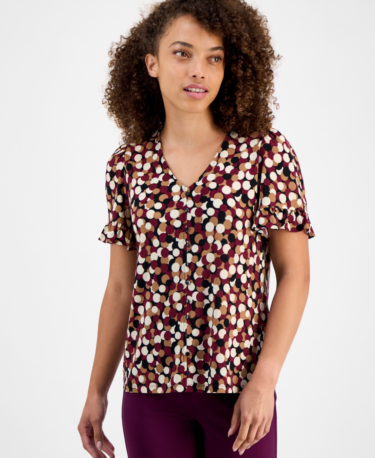Petite Short-Sleeve Dot-Print Shirt - Anne Black/Chianti Multi