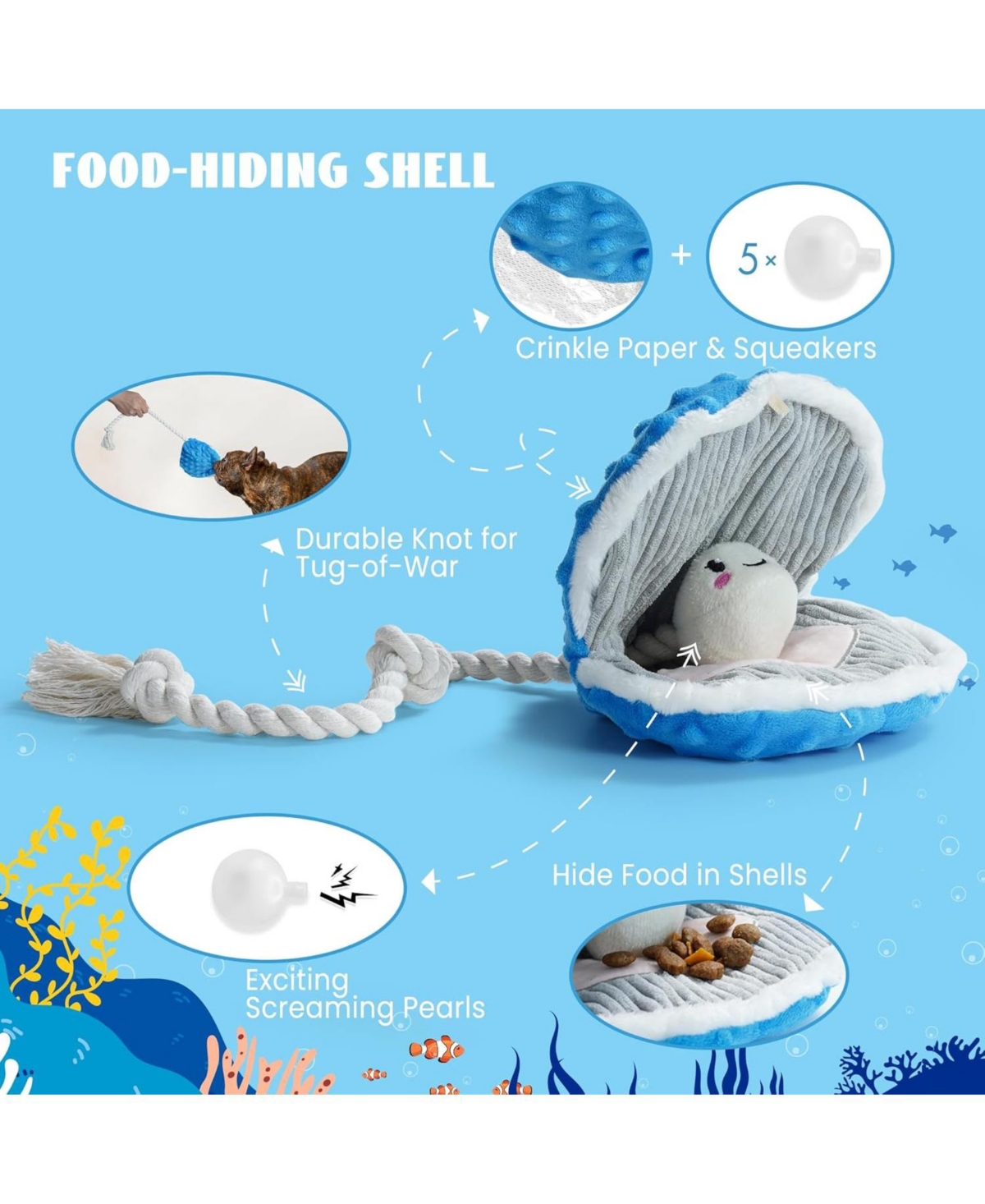 Nocciola 4 Pcs Sea Creatures Crinkle Squeaky Dog Toys,Christmas gift,Octopus Shark Crab Mussel Toys, Interactive Toys for Small, Medium & Large Dogs