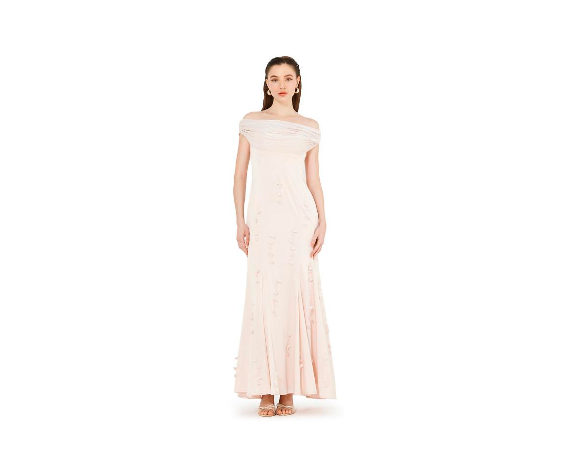 Women's Off-The-Shoulder Cowl Neckline Dress With Floral Embellishment - Light pink