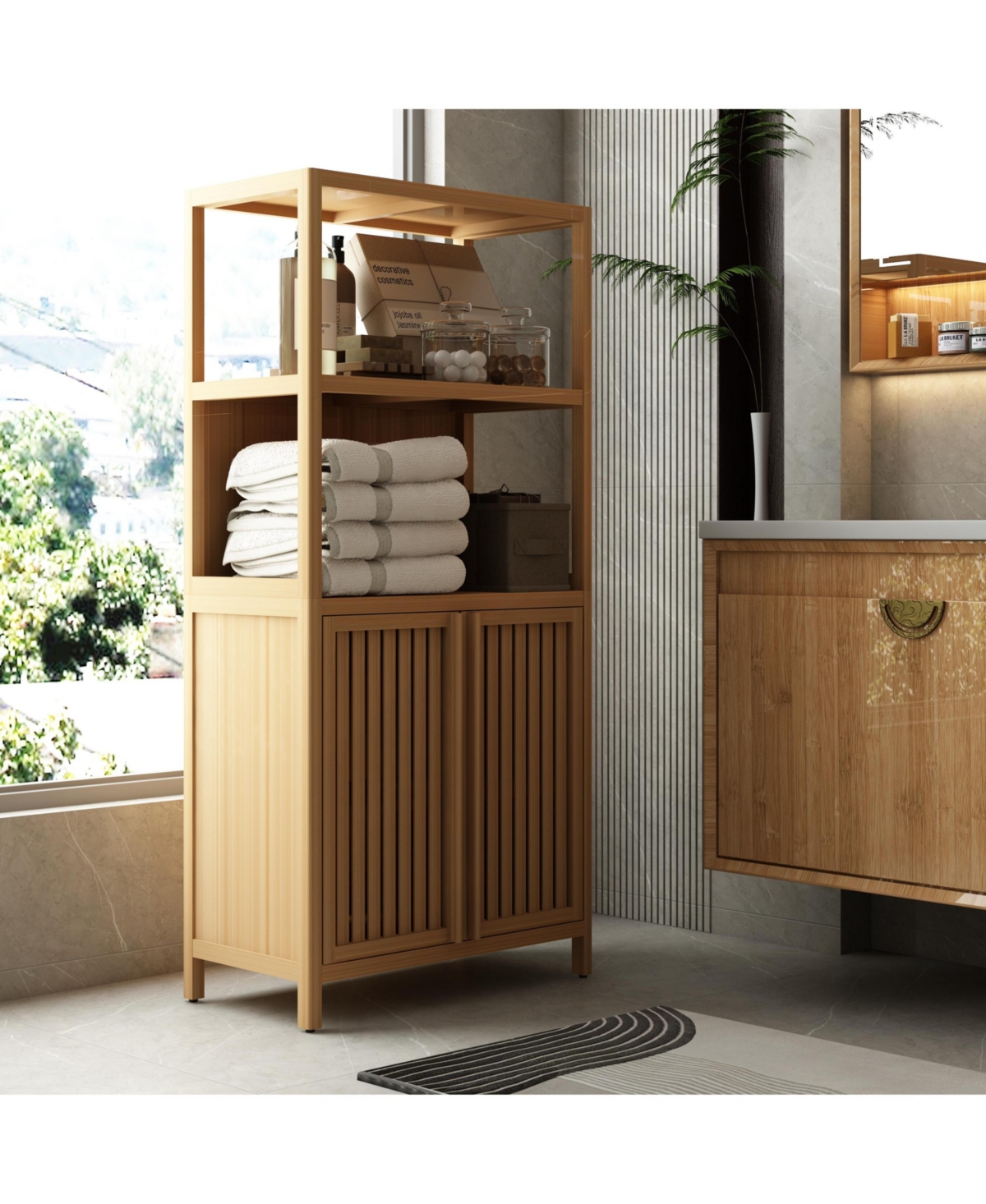 Freestanding Bamboo Storage Cabinet with 2 Doors, Versatile Floor Organizer for Bathroom, Kitchen, Living Room - Neutral