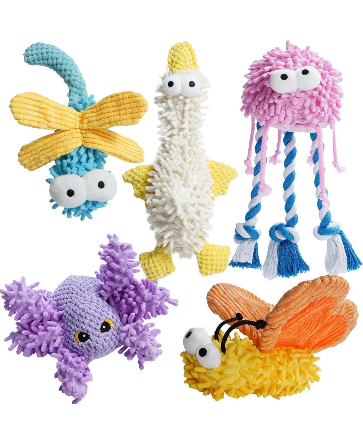 5 Pcs Easter Pastel Colors Fuzzy Plush Toys, Colorful Summer Toy, Squeaky Crinkle Cute Dog Toys, Durable Stuffed Toys for All Breeds