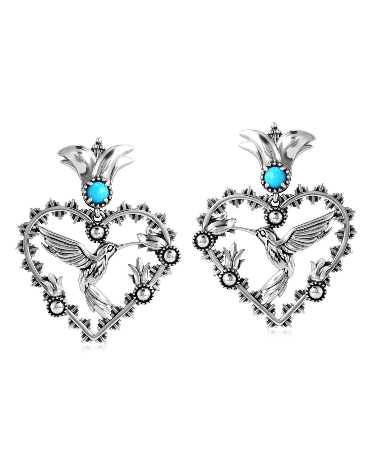 Sterling Silver Sleeping Beauty Turquoise Fritz Casuse Heart Hummingbird Earrings