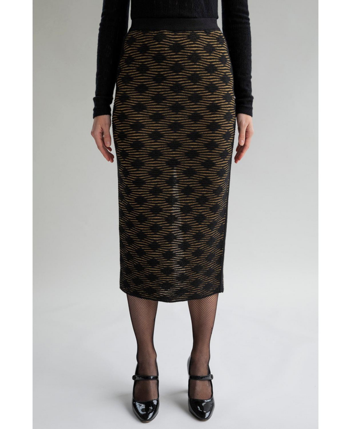 Women's Geometric Jacquard Knit Pencil skirt - Golden black