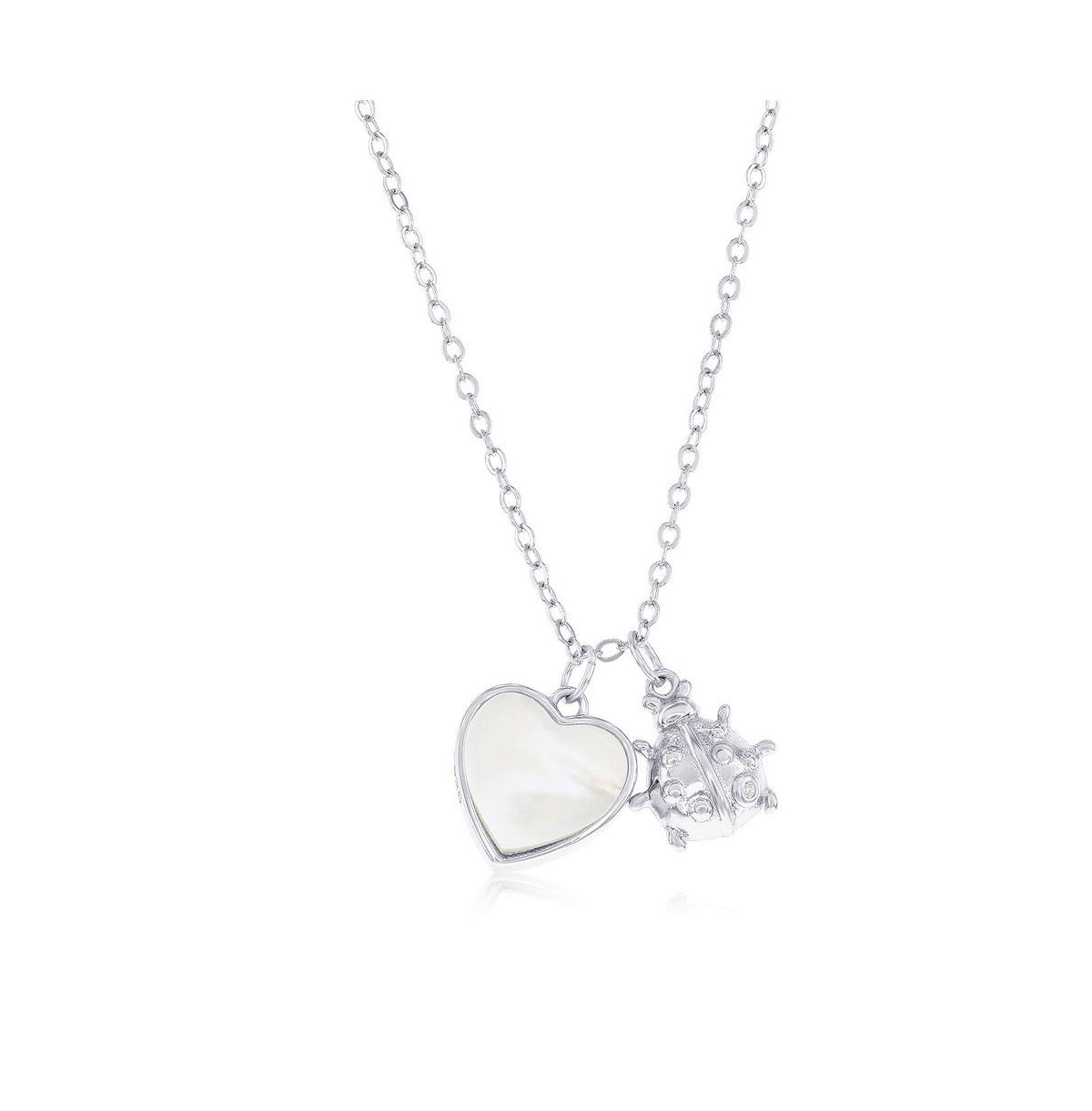 Sterling Silver Mop Heart & Ladybug Cz Necklace - Gold