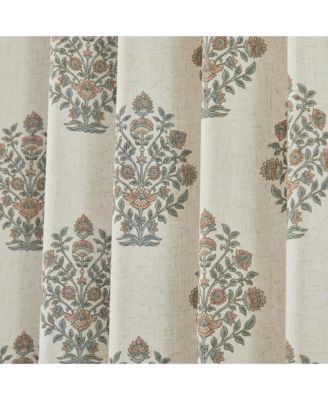 Sofia Flower Block Bouquet Linen Textured Window Curtain Panels Clay/Teal Pair 37x84