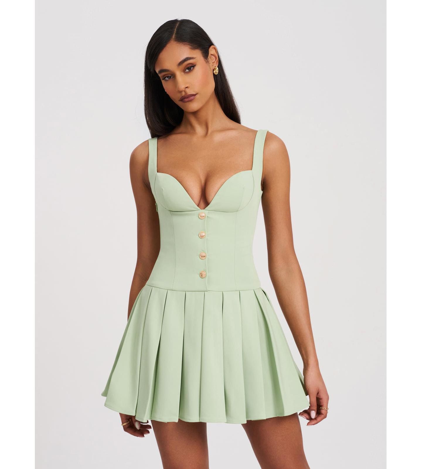 Женское платье Miss Circle Tala Pistachio Green Sleeveless Pleated Preppy Mini, цвет: Фисташковый зелёный — фото 1