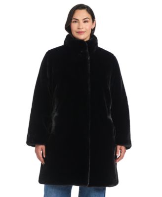 Plus Size Stand-Collar Faux-Fur Coat