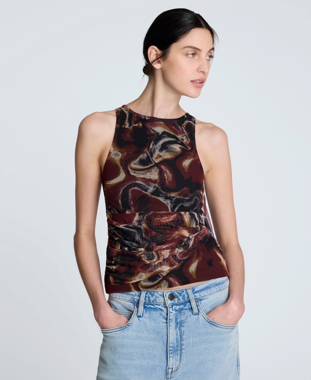 Women's Printed Gathered Draped Sleeveless Top - Burgundy Spice Multi