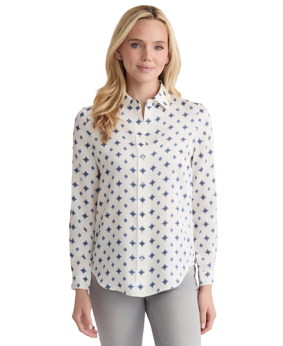 Jones New York Women's Printed Button-down Long-sleeve Utility Blouse In Multi
