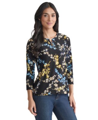 Women's Printed Embellished-Keyhole 3/4-Sleeve Top