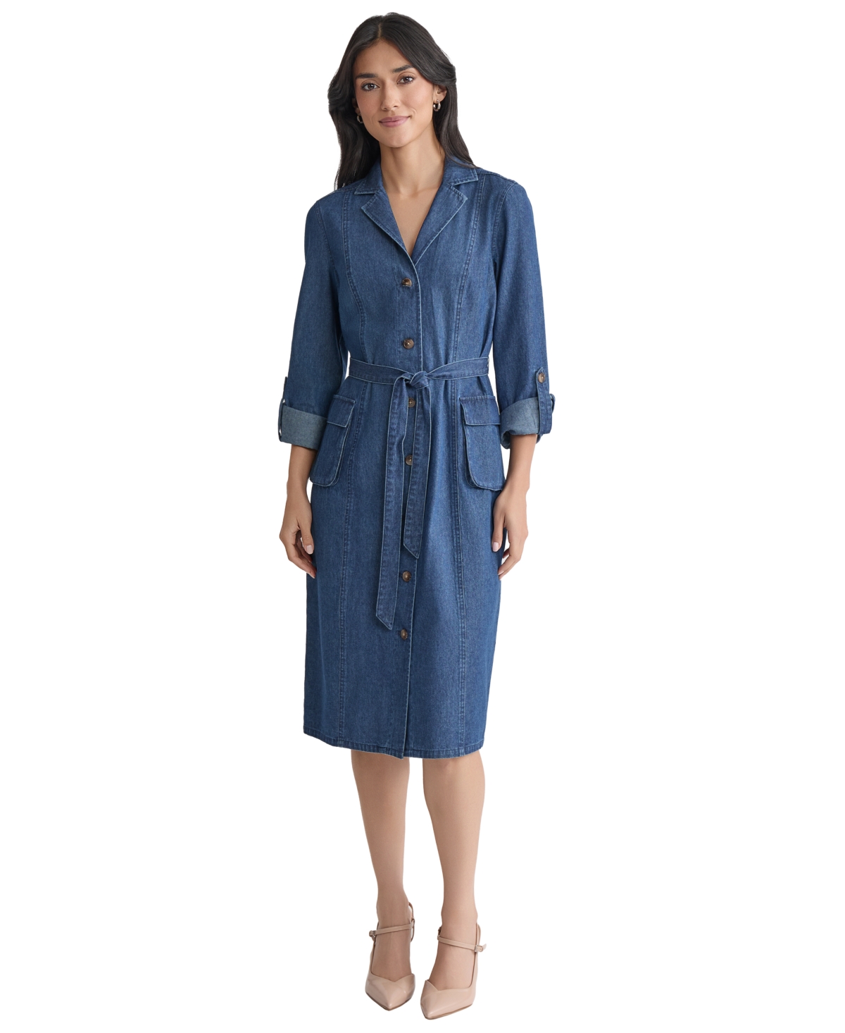 Jones New York Women's Belted Button-down Cotton Collared Denim Dress In Blue