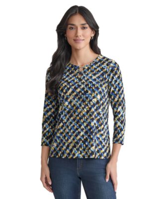 Jones New York - Women's Printed Embellished-Keyhole 3/4-Sleeve Top