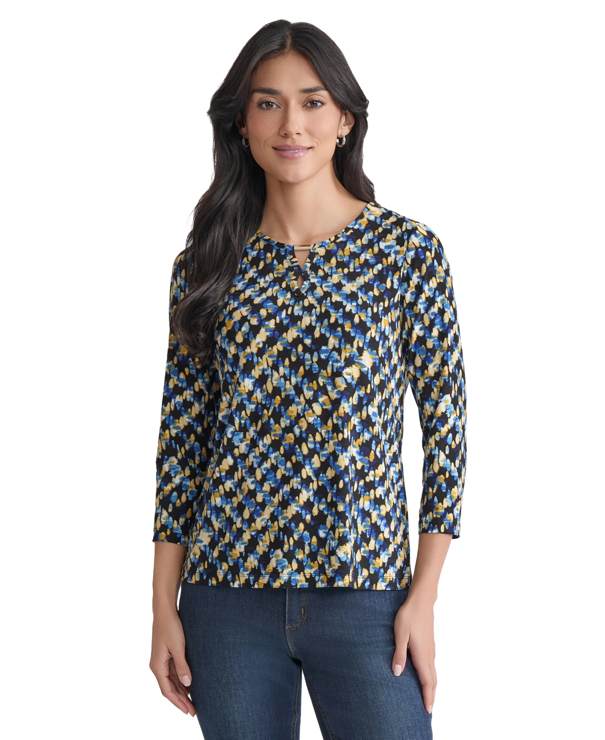 Women's Printed Embellished-Keyhole 3/4-Sleeve Top - Jones Black Multi