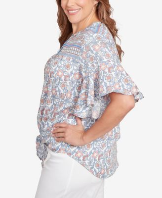Plus Size Vintage Floral Tie Front Henley Top
