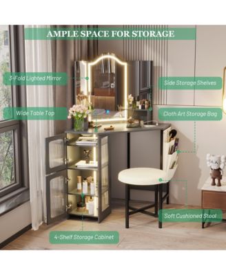 Tri-color Light Corner Vanity Desk with Mirror