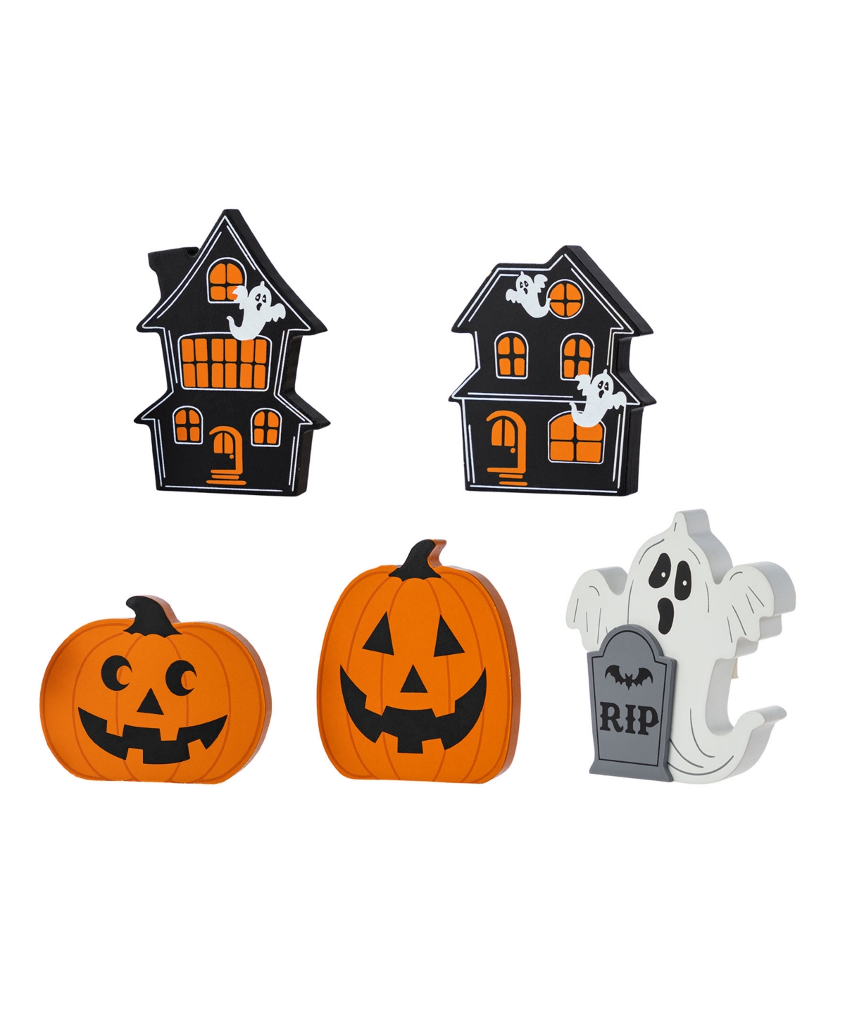 Halloween Wooden Haunted House and Pumpkin Ghost Table Block, Set of 5 - Multi