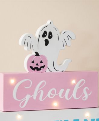 11.75" Halloween Lighted Pink Wooden Ghost Block Word Sign