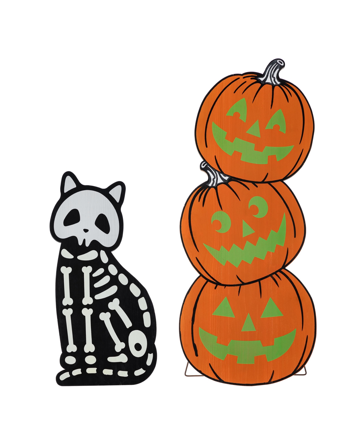 Halloween Wooden Skeleton Cat and Stacked Pumpkin Porch Decor, Set of 2 - Multi