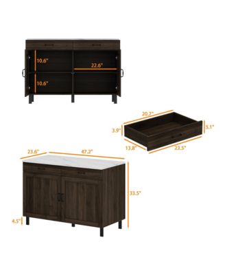 Wooden Storage Cabinet with Marble Pattern, Two Doors, Two Drawers and Pantry Function