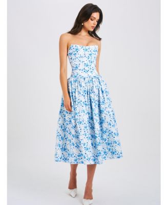 Women's Paloma Blue Print Linen Corset Draping Top Midi Dress