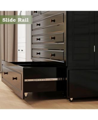 Black queen Murphy bed with 2 drawers, 2 shelves, 2 USB ports, and 2 charging ports. Ideal for guest rooms and home offices