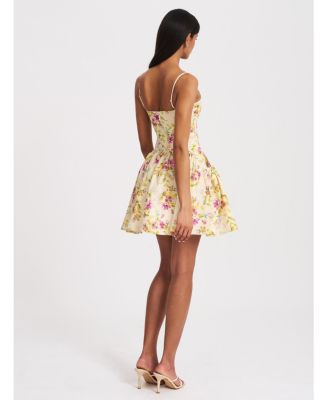 Women's Valda Yellow and Pink Print Linen Mini Dress with Pockets