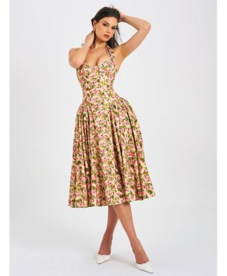 Women Niya Floral Print Linen Halter Corset Maxi Dress