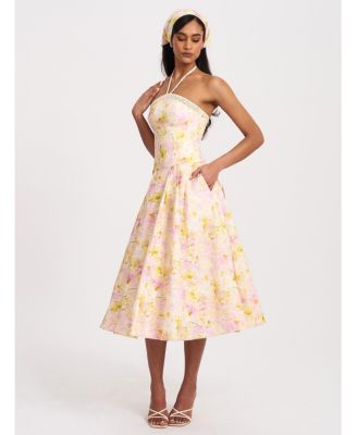 Women's Zaina Yellow Pink Floral Print Lace Trim Linen Midi Dress