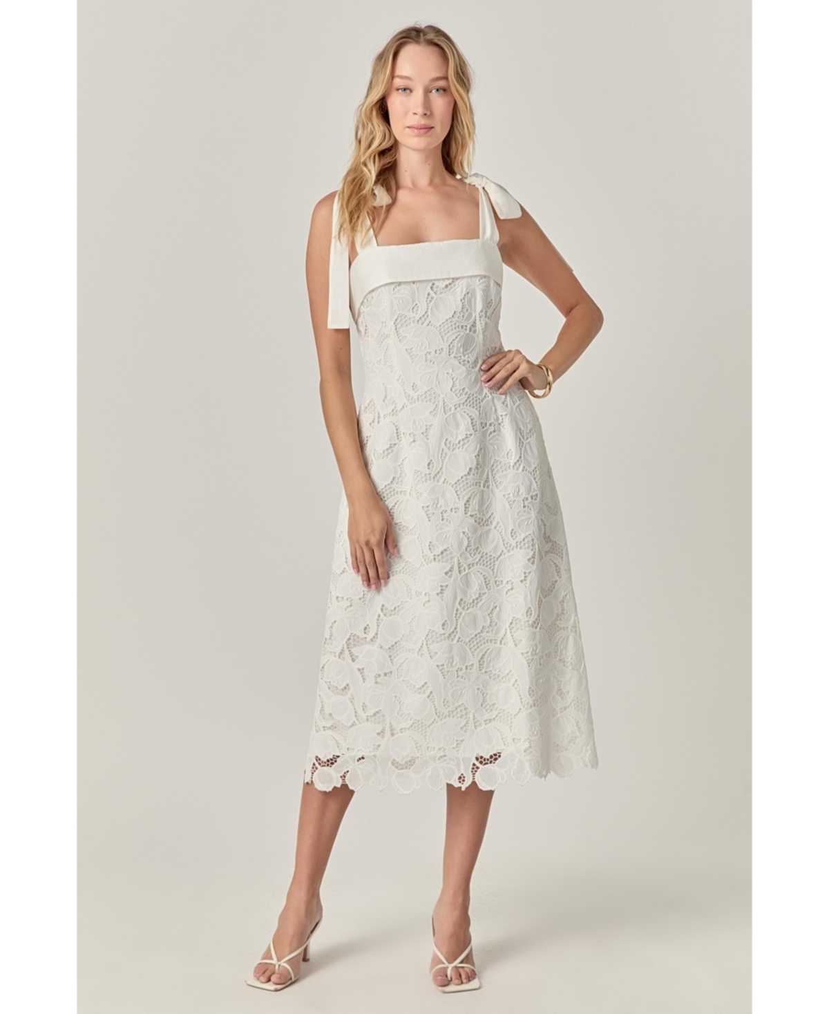 Women's Bow Sleeveless Lace Midi Dress - White