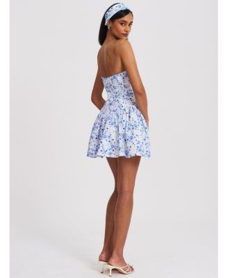 Women's Taleah Blue Floral Print Linen Mini Dress with Lace Trim