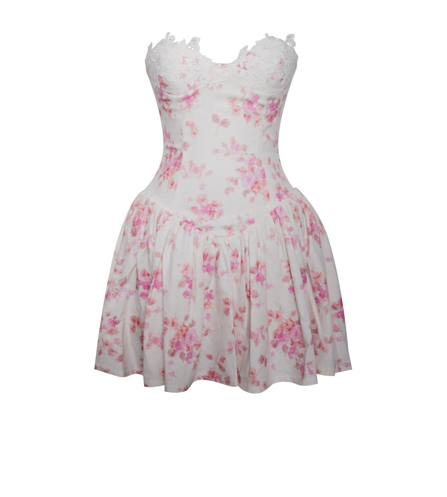 Женское платье Miss Circle Samara Floral Drop Waist Linen Corset Puffy Mini, цвет: Розовый с принтом — фото 8