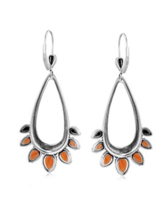 Sterling Silver Orange Spiny Oyster Open Pear Gemstone Lever Back Earrings