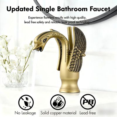 Swan Single Hole Single-Handle Bathroom Faucet And Pop Up Drain &amp; Overflow Cover in Antique Brass